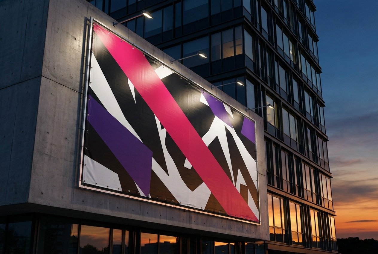 Großes Banner an einer Gebäudewand