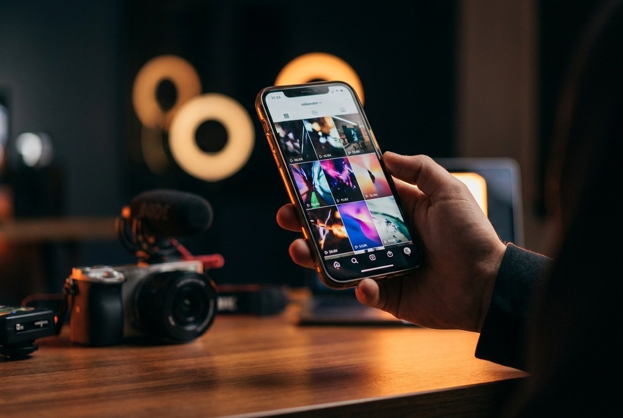 Smartphone mit Social-Media-Feed bei der Content-Produktion